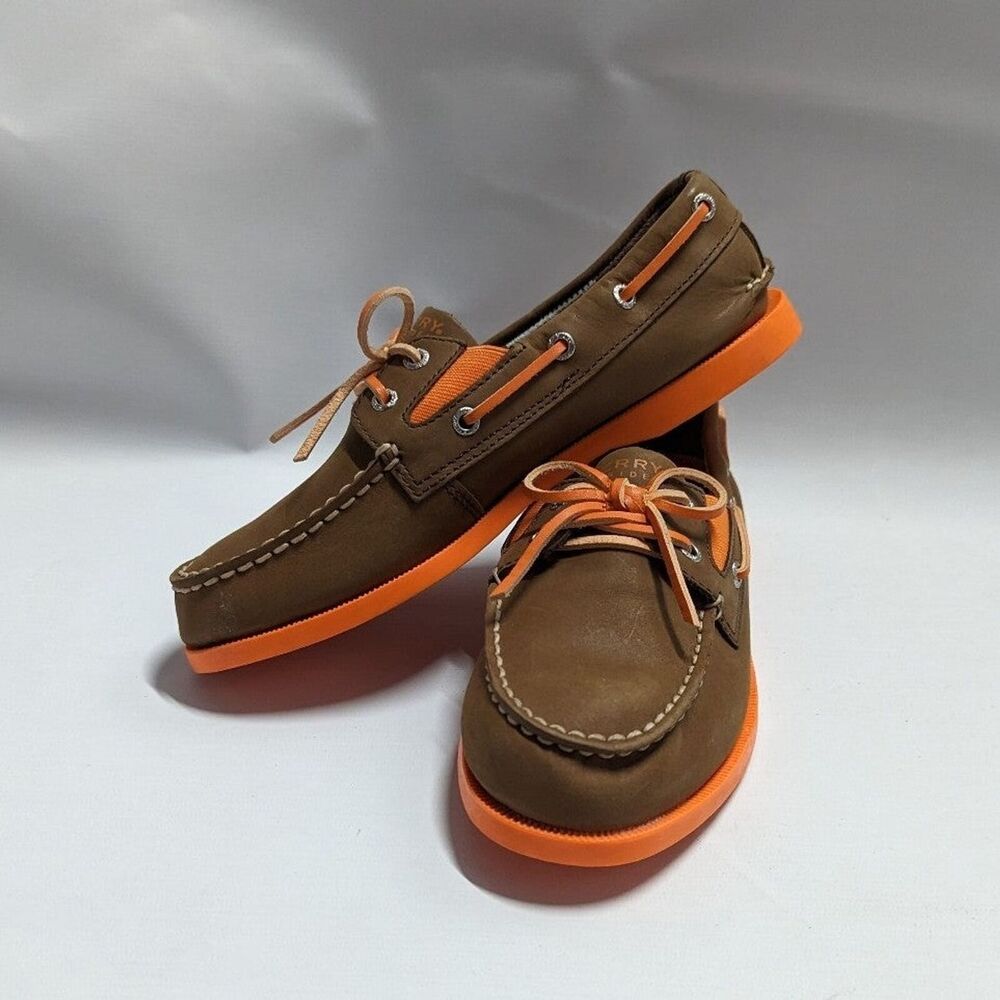 Sperry NWOB Youth Size 4 Leather Top Sider Orange and Brown Slip on loafers shoe
